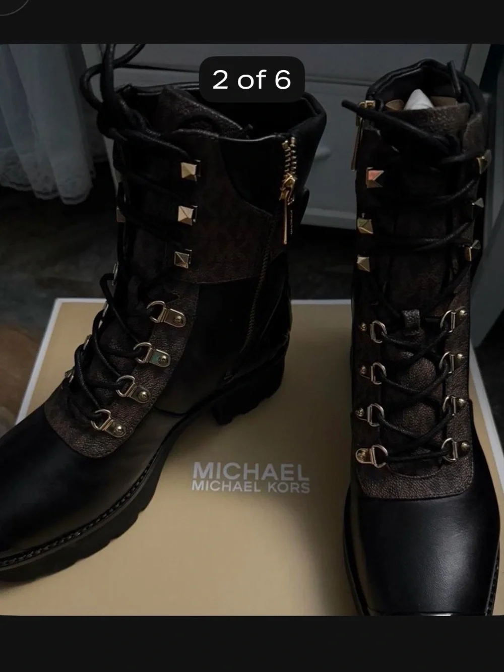 Michael Kors Black & Brown Lace-Up Combat Boots